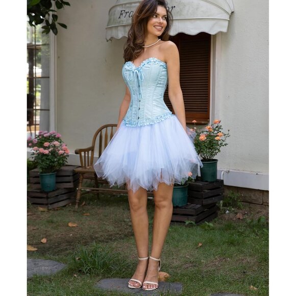 Women's Crystal Blue Corset Tops Bustier Lingerie Lace Waist Push Up Bodysuit - Picture 8 of 8